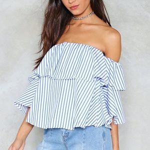 Navy & White Striped Off the Shoulder Top